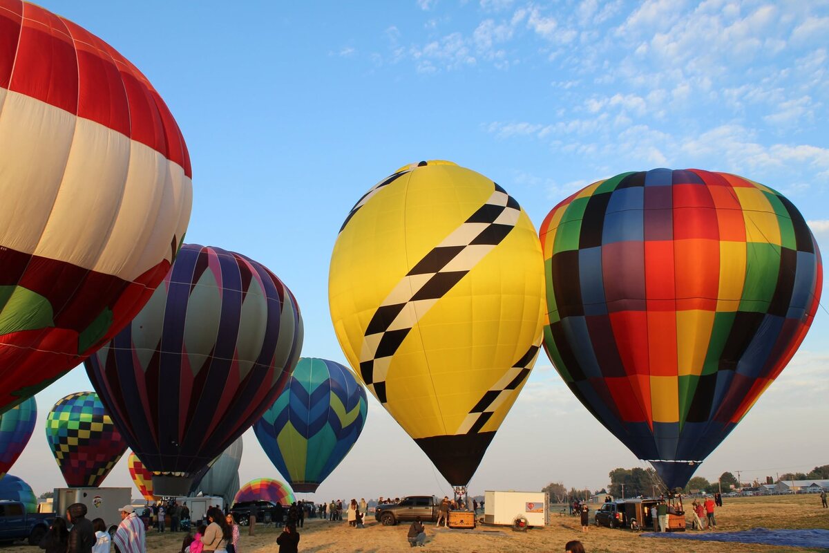 A colorful row of inflated balloons on the launch field
